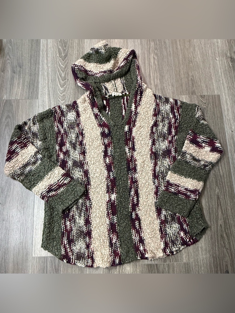 Cupio Chunky Knit Hooded Sweater | Olive Green Burgundy Striped | Boho Cozy XL